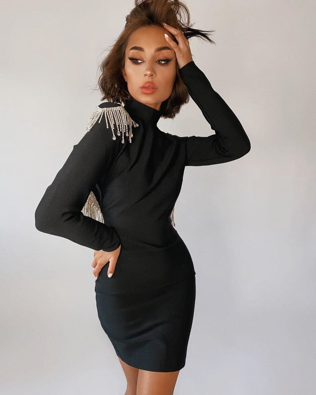 HighQuality Red Black Sexy Sparkly Backless Diamonds Tassel Rayon Bandage Dress