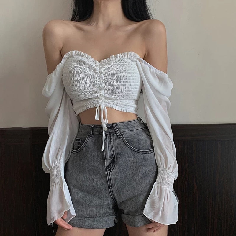 Elegant Fashion Puff Arm Chiffon Crop Women's - Blouse Top