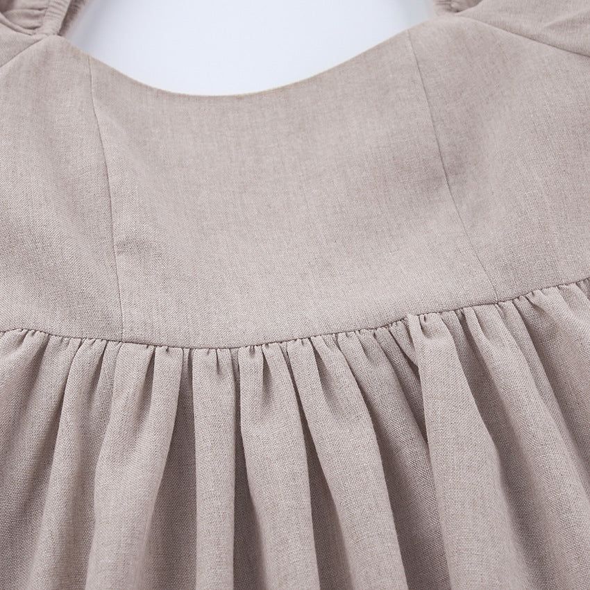 Khaki Square Neck Puff Sleeve Linen Babydoll A-Line Mini Dress