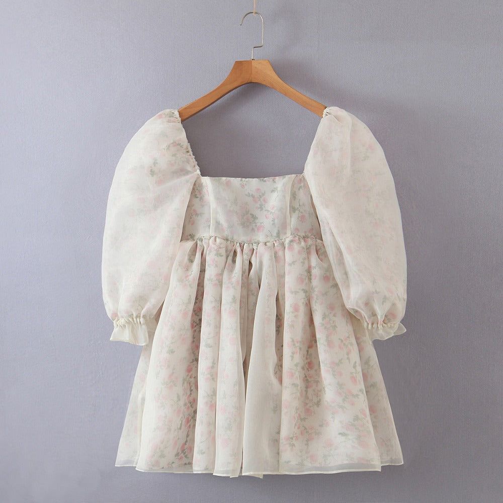 Beige Puff Sleeve Open Back Organza Fit and Flare Mini Dress