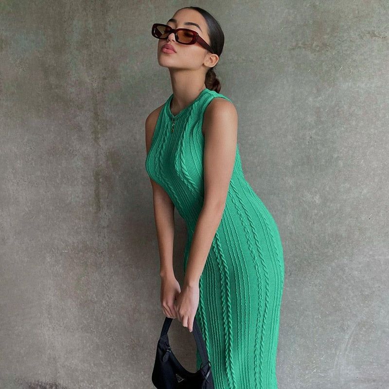 Green Round Neck Sleeveless Cable Knit Ribbed Bodycon Midi Dress 2