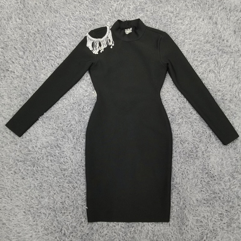 HighQuality Red Black Sexy Sparkly Backless Diamonds Tassel Rayon Bandage Dress