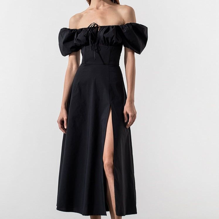 Square Neck Keyhole Tie Bust Puff Sleeve Side Slit Ruched Midi Dress 5
