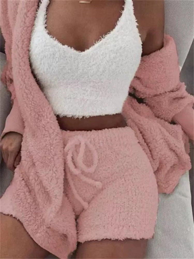 Sexy Fluffy Autumn Piece Sweatshirt Backless Plush Home Sports Women Pyjamas Wear Winter Fleece