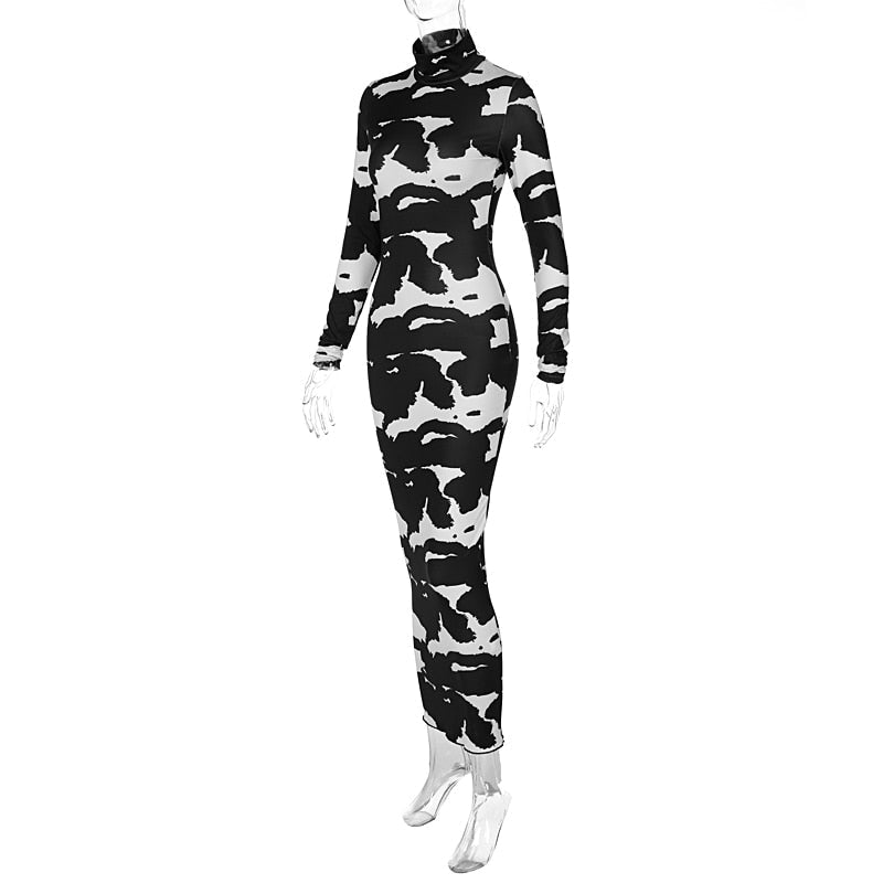 Long Sleeve Printed Bodycon Pencil Long Dress
