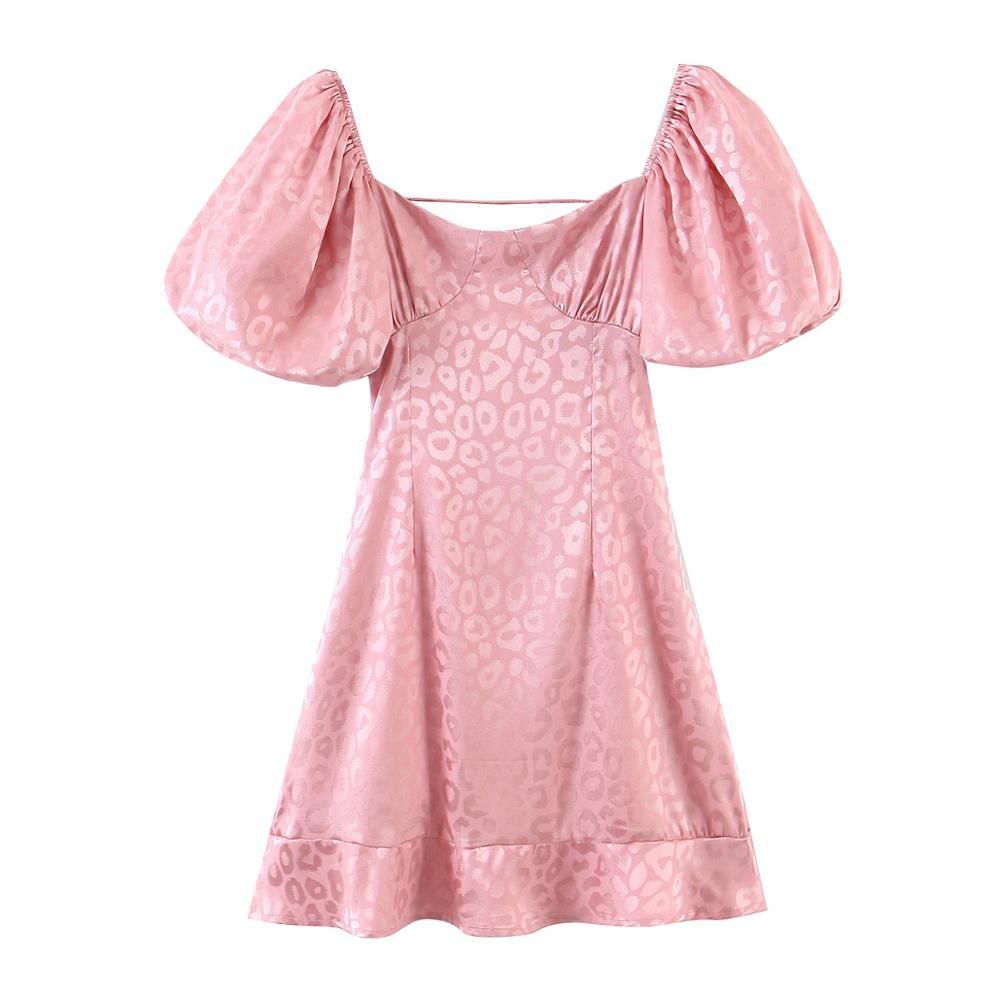 Pink Puff Sleeve Leopard Jacquard Lace-Up Open Back Mini Dress