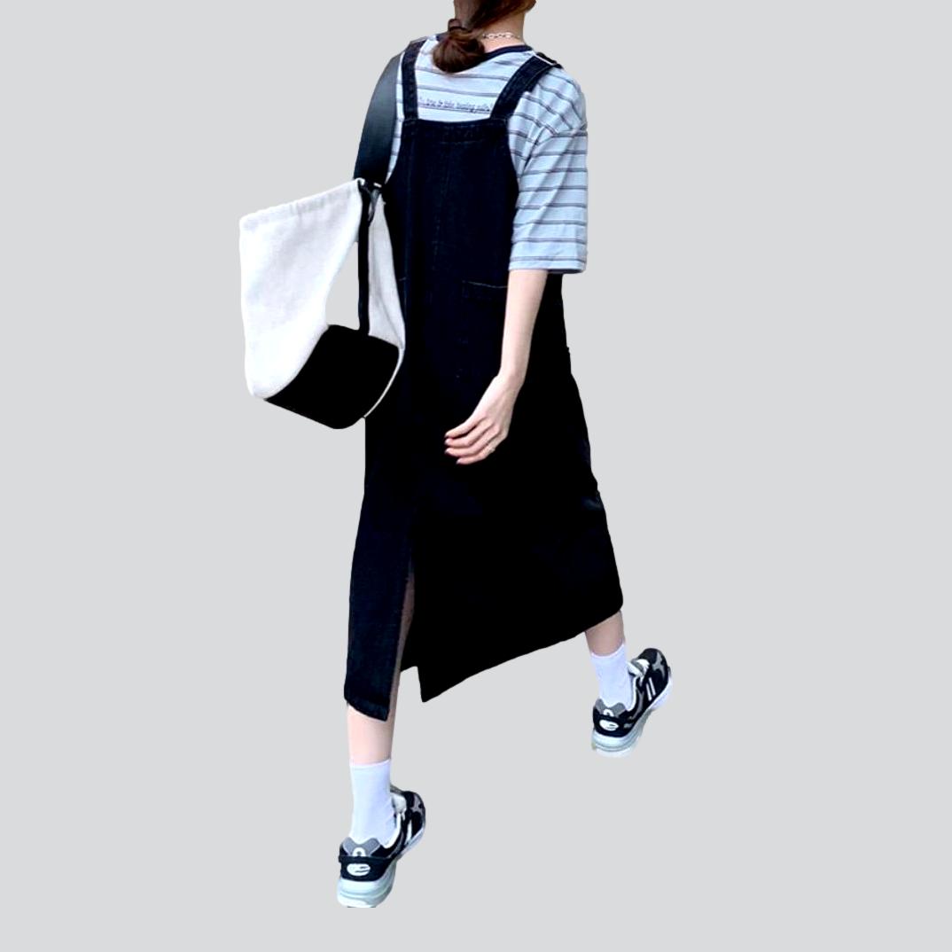 Denim Overall Suspender Pocket Pinafore A-Line Midi Dress