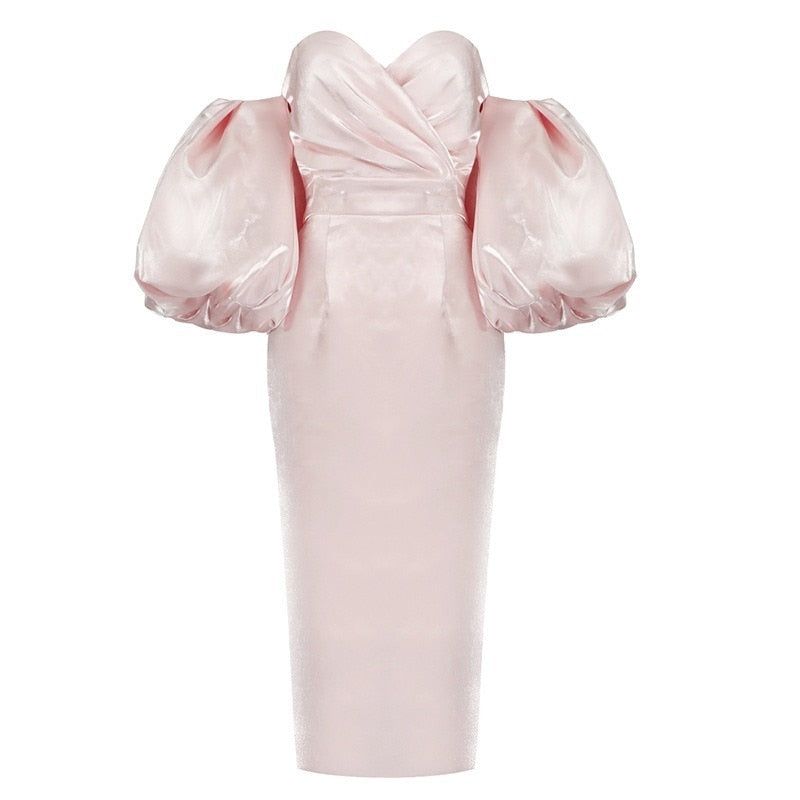 Pink Sweetheart Puff Sleeve Satin Bodycon Midi Dress 8