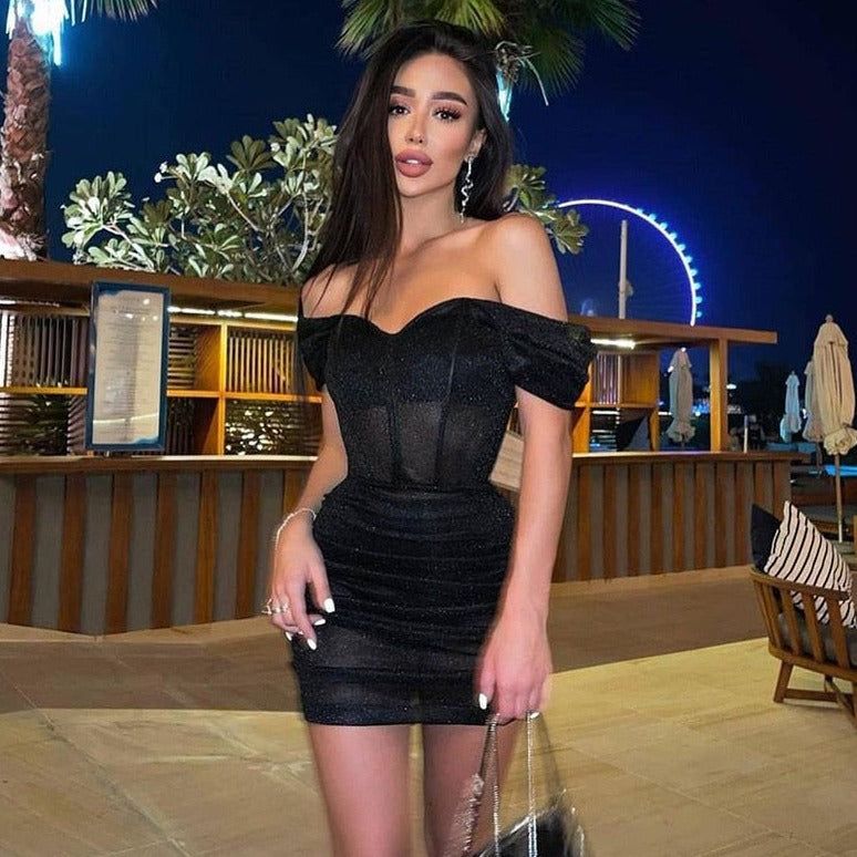 Off-Shoulder Puff Sleeve Glitter Corset Ruched Bodycon Mini Dress
