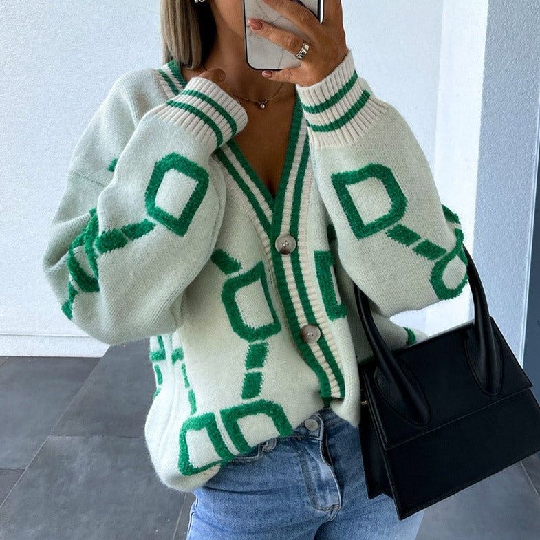 V-Neck Button Front Geometric Pattern Knit Cardigan