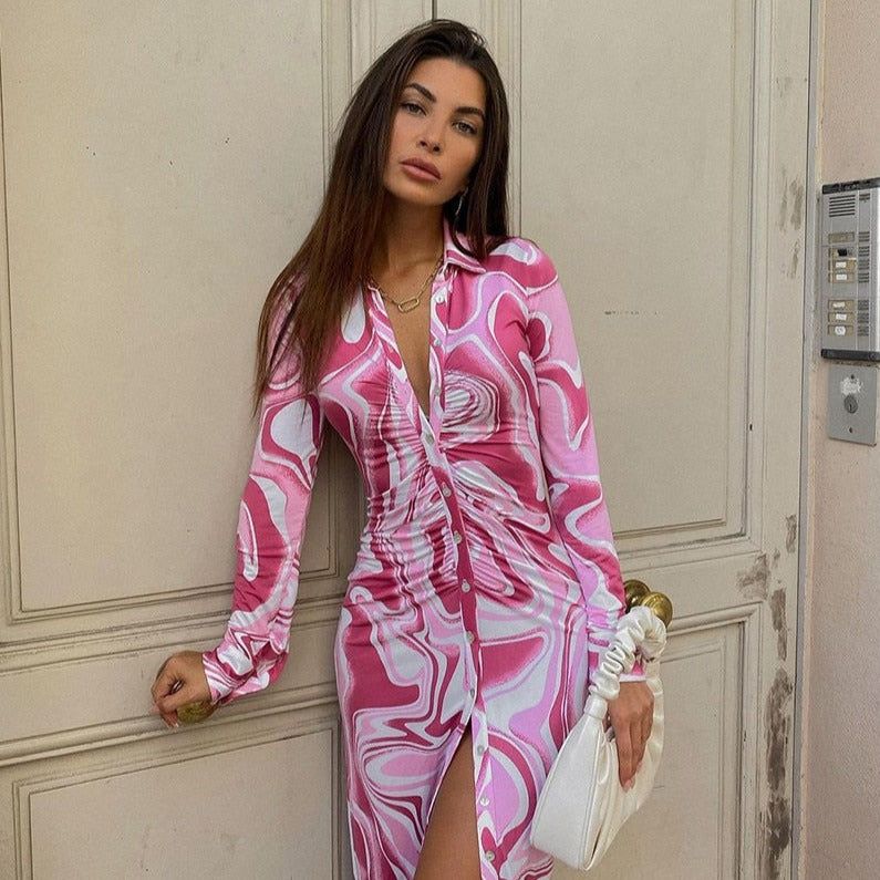Pink Collared Long Sleeve Abstract Print Button Up Ruched Shirt Midi Dress