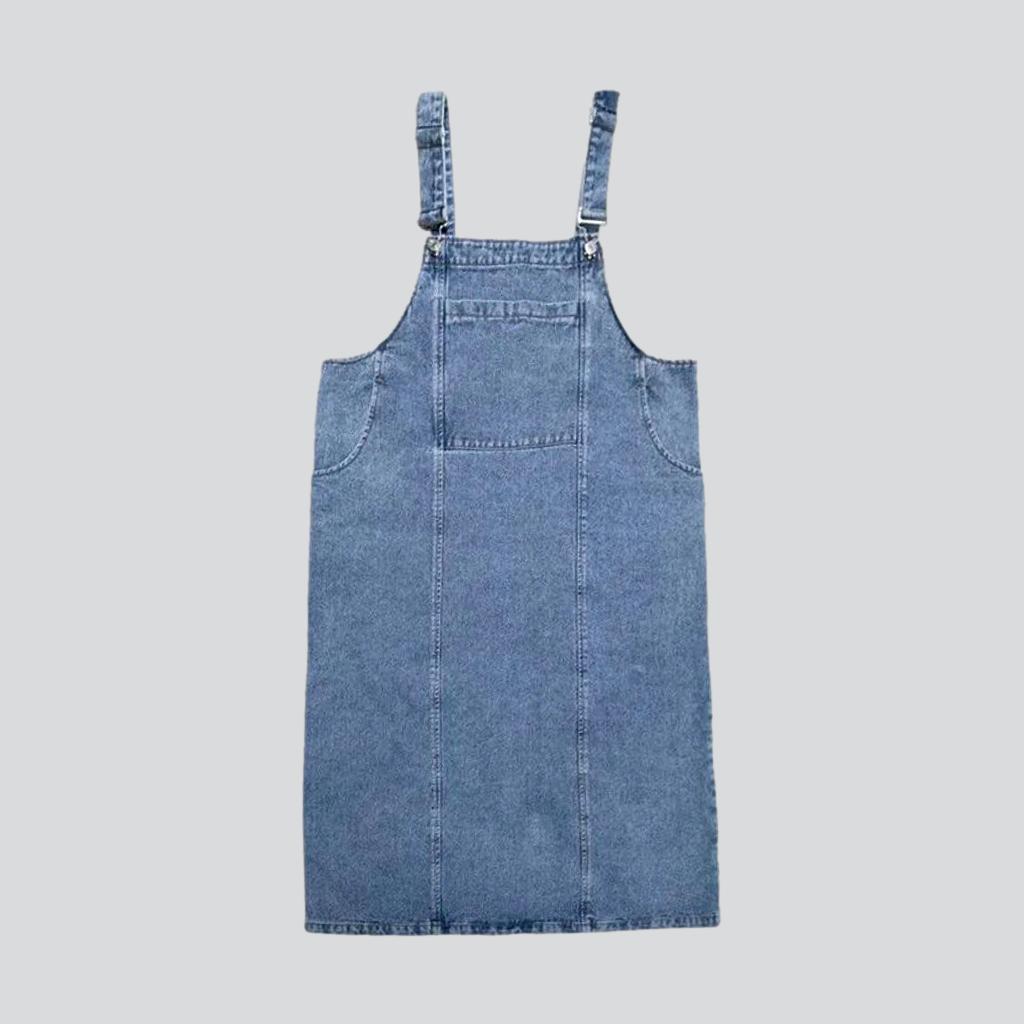 Denim Overall Suspender Pocket Pinafore A-Line Midi Dress