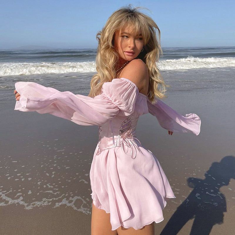 Off-Shoulder Puff Sleeve Lace-Up Corset Floral Chiffon Mini Dress