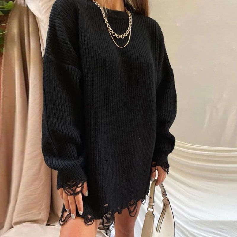 Crew Neck Distressed Hem Ribbed Knit Sweater Dress 10