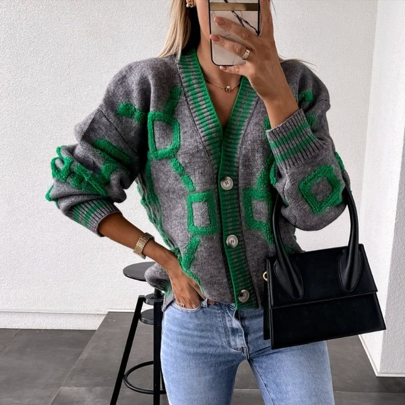 V-Neck Button Front Geometric Pattern Knit Cardigan
