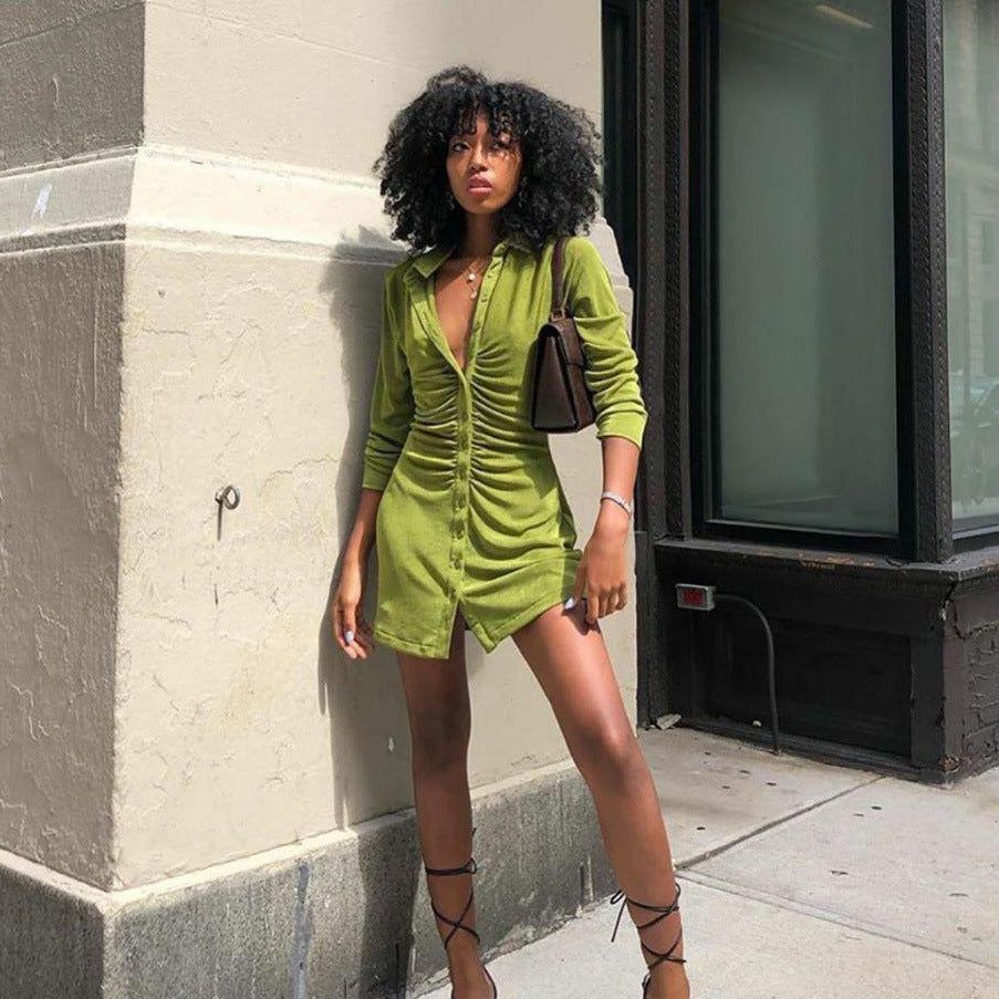 Collared Long Sleeve Button Front Ruched Bodycon Mini Dress 11