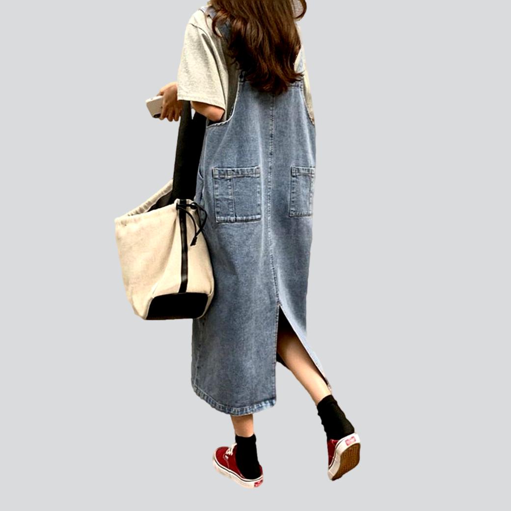 Denim Overall Suspender Pocket Pinafore A-Line Midi Dress