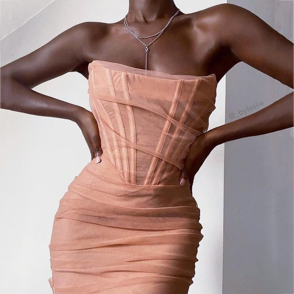 Strapless Corset Mesh Ruched Bodycon Midi Dress