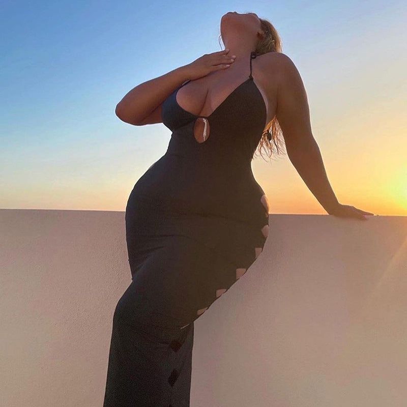 Black Strappy Ladder Cutout Ruched Bodycon Maxi Dress