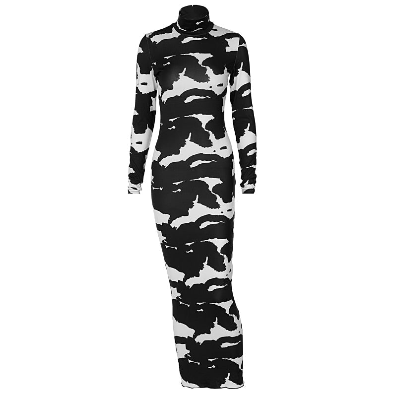 Long Sleeve Printed Bodycon Pencil Long Dress