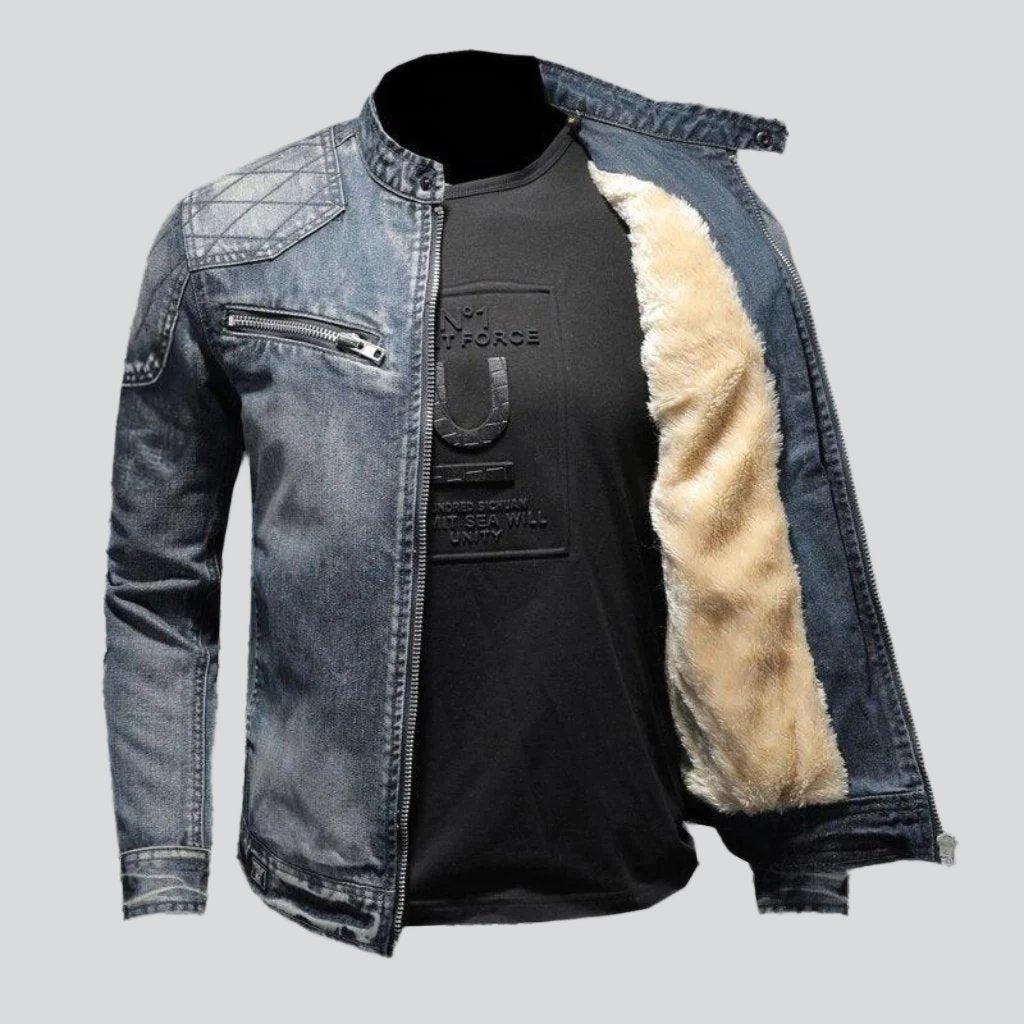 Blue Stand Collar Zip Front Washed Biker Denim Jacket