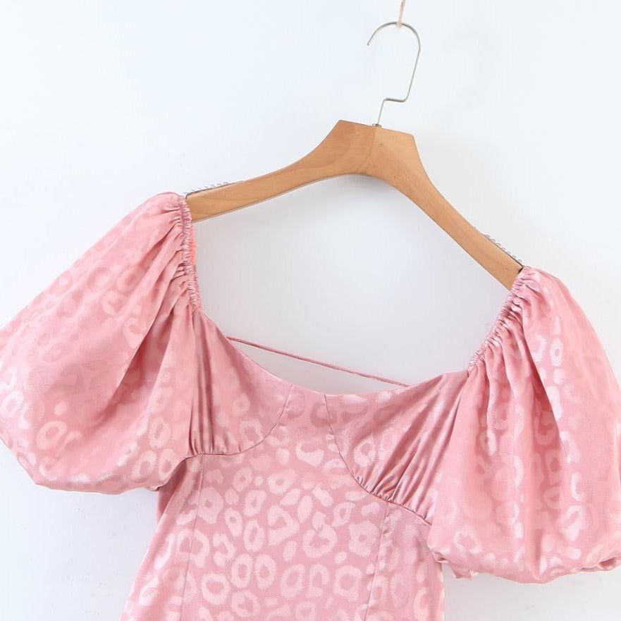 Pink Puff Sleeve Lace-Up Open Back Textured Jacquard Mini Dress
