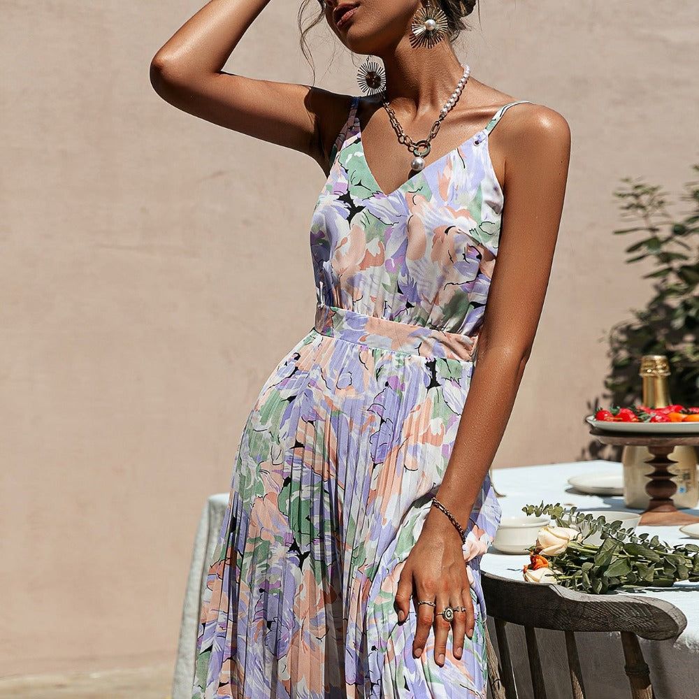 Purple V-Neck Spaghetti Strap Floral Print Pleated A-Line Midi Dress