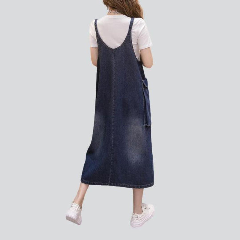 Dark Blue Strap Asymmetric Pocket Denim Pinafore Midi Dress 4
