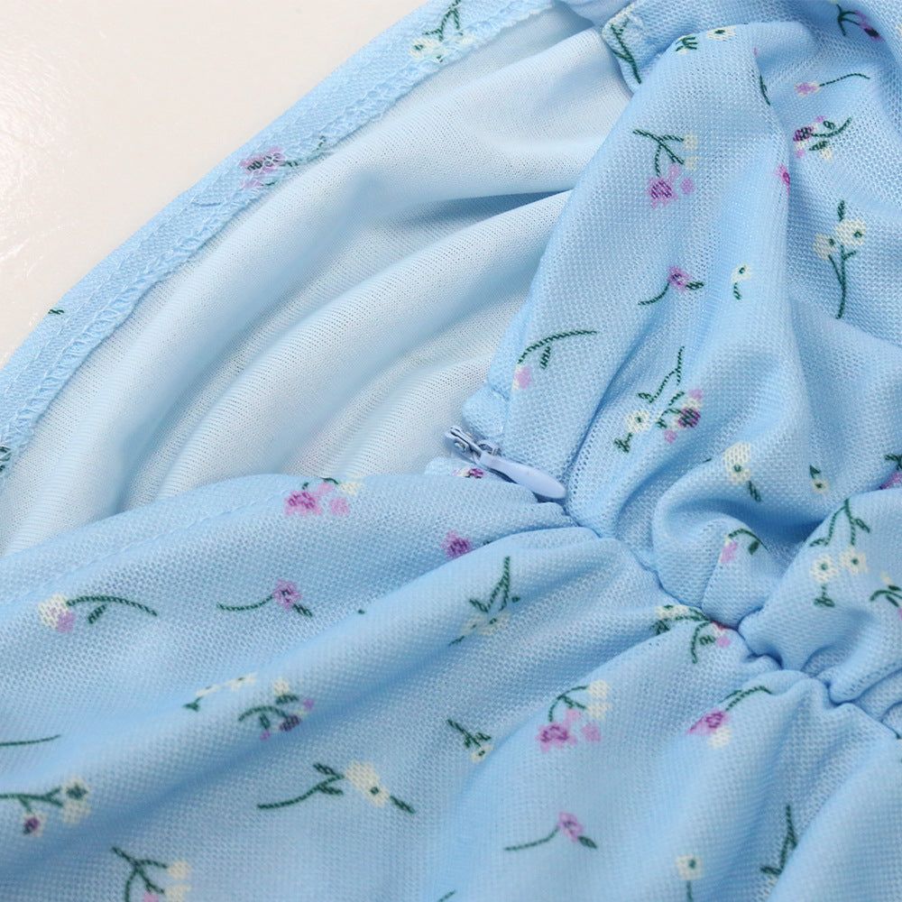 Blue Square Neck Puff Sleeve Floral Ruched Bodycon Mini Dress