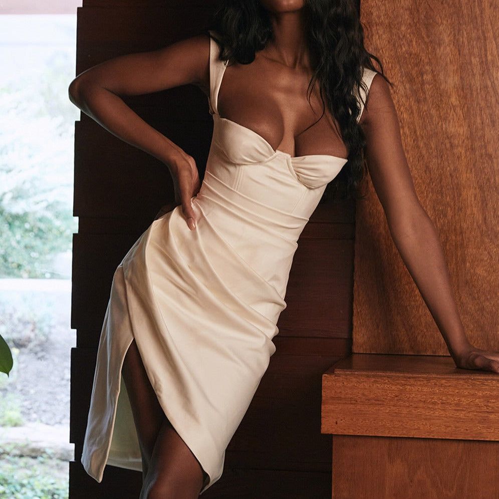 White Sweetheart Thick Strap Ruched Satin High Slit Bodycon Midi Dress