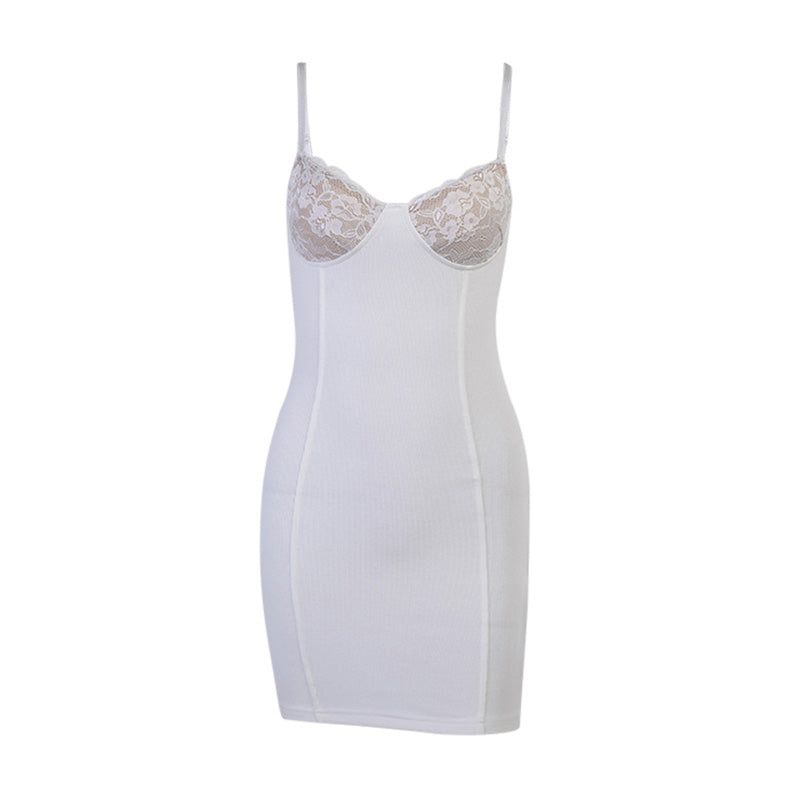 Spaghetti Strap Lace Cup Bustier Ribbed Bodycon Mini Dress