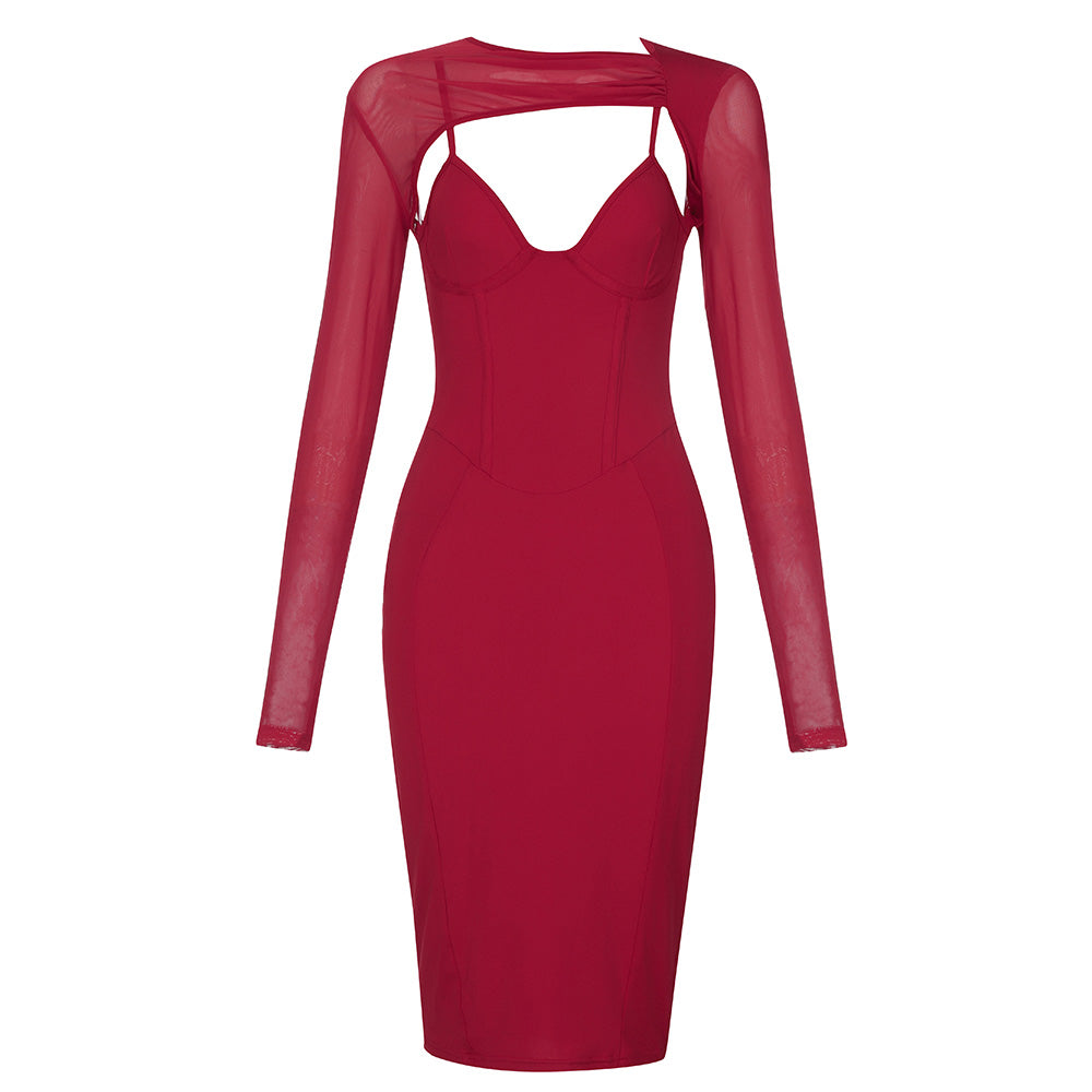 Round Neck Long Sleeve Cut Out Midi Bodycon Dress HB75430
