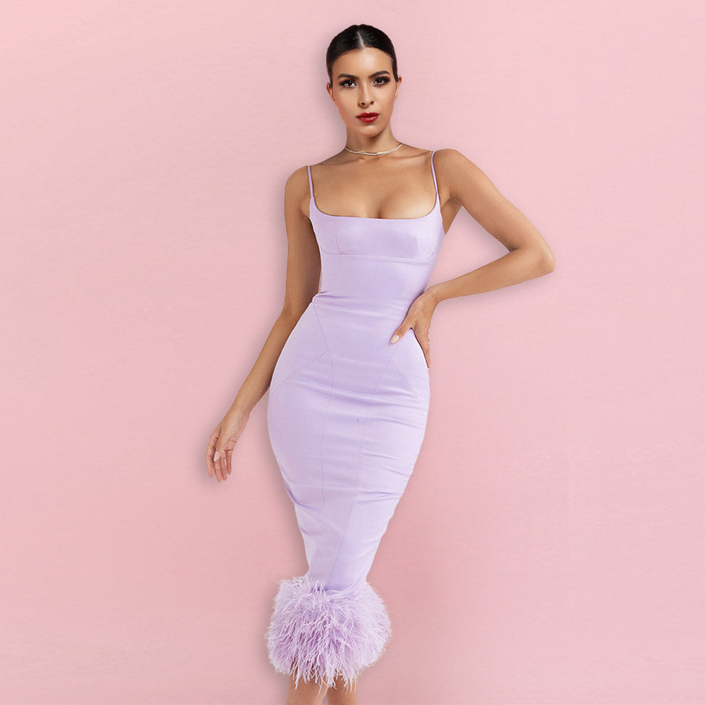 Strappy Sleeveless Midi Feather Bodycon Dress HI1326