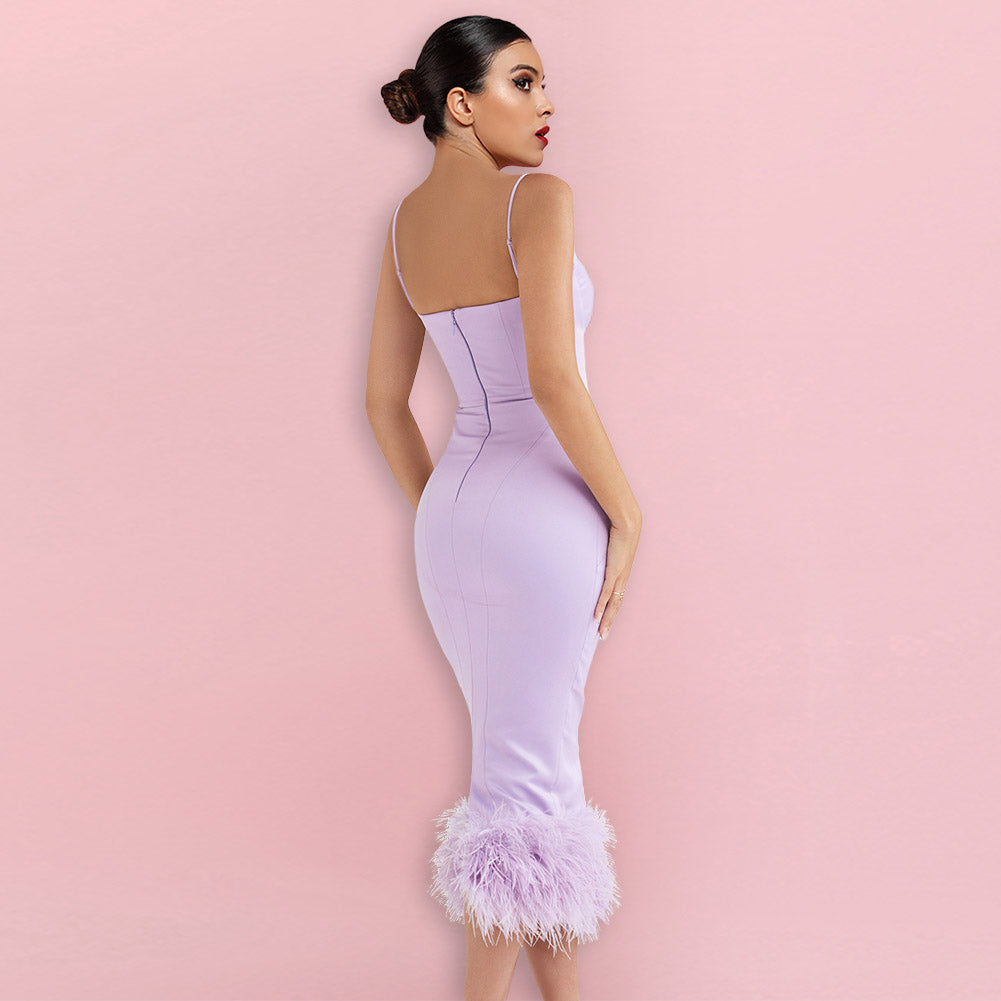 Strappy Sleeveless Midi Feather Bodycon Dress HI1326