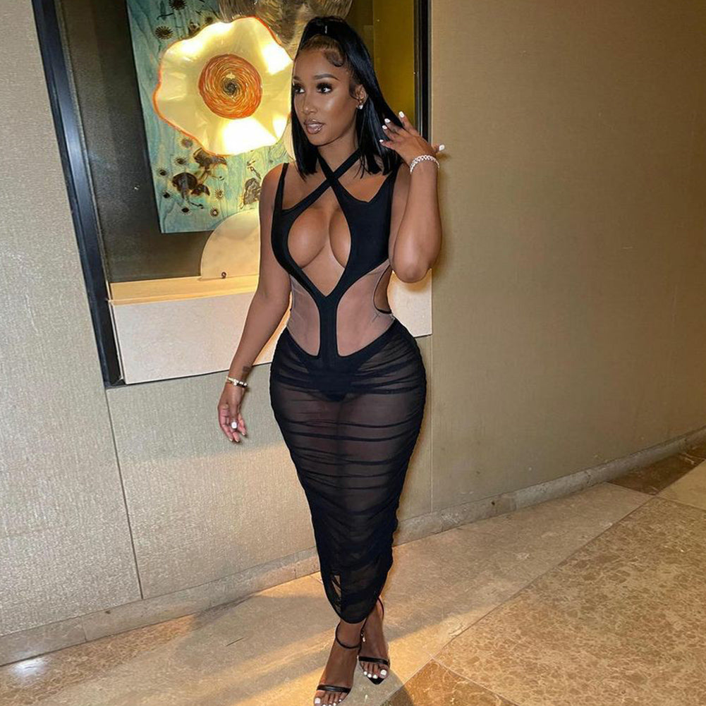 Strappy Sleeveless Mesh Midi Bandage Dress
