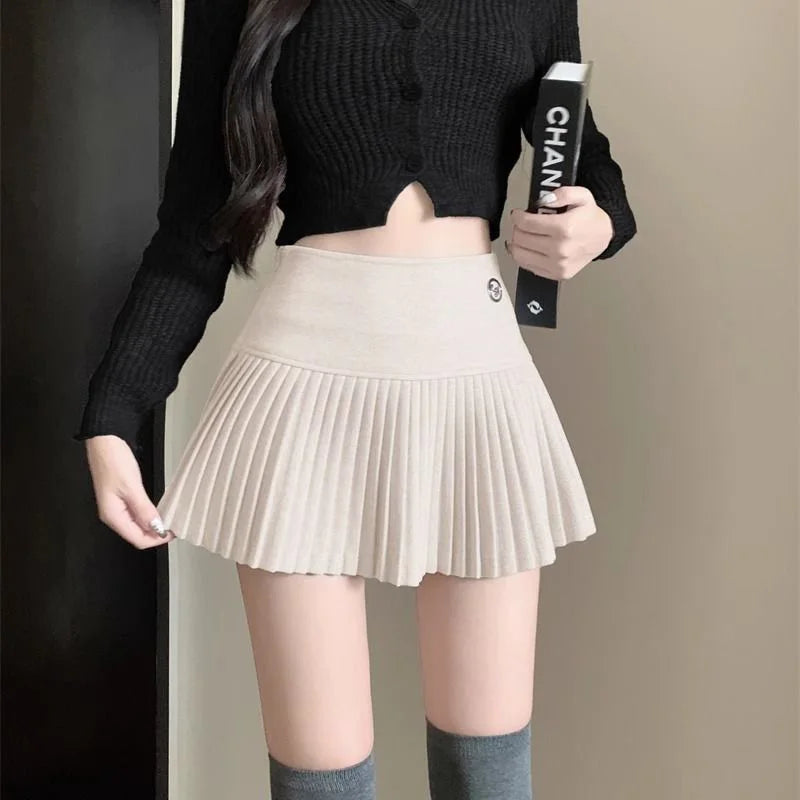 Woolen Pleated Cute Sexy High Waist Aline Patchwork Vintage Skirt