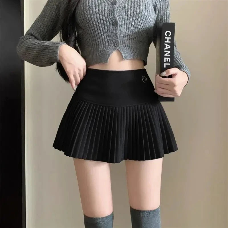 Woolen Pleated Cute Sexy High Waist Aline Patchwork Vintage Skirt