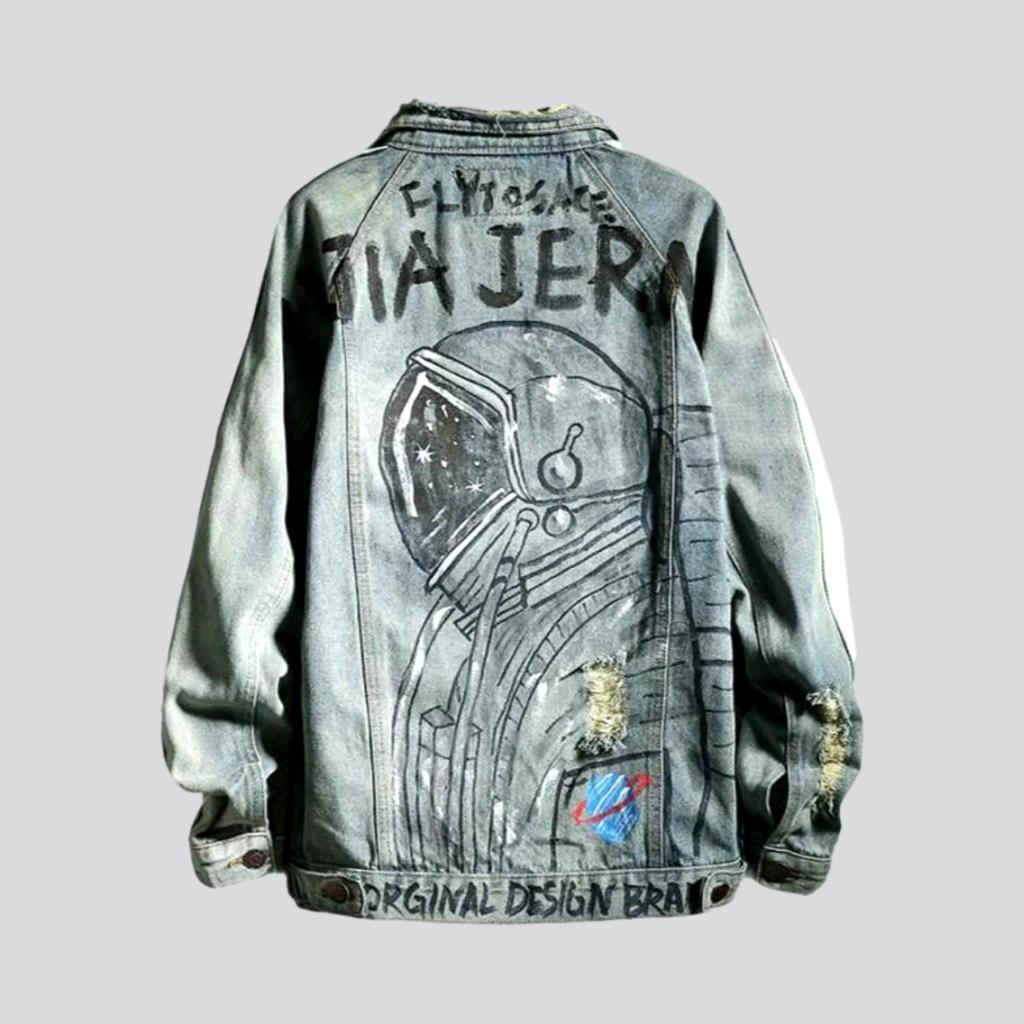 Light Blue Hand Painted Astronaut Graphic Distressed Denim Trucker Jacket 3