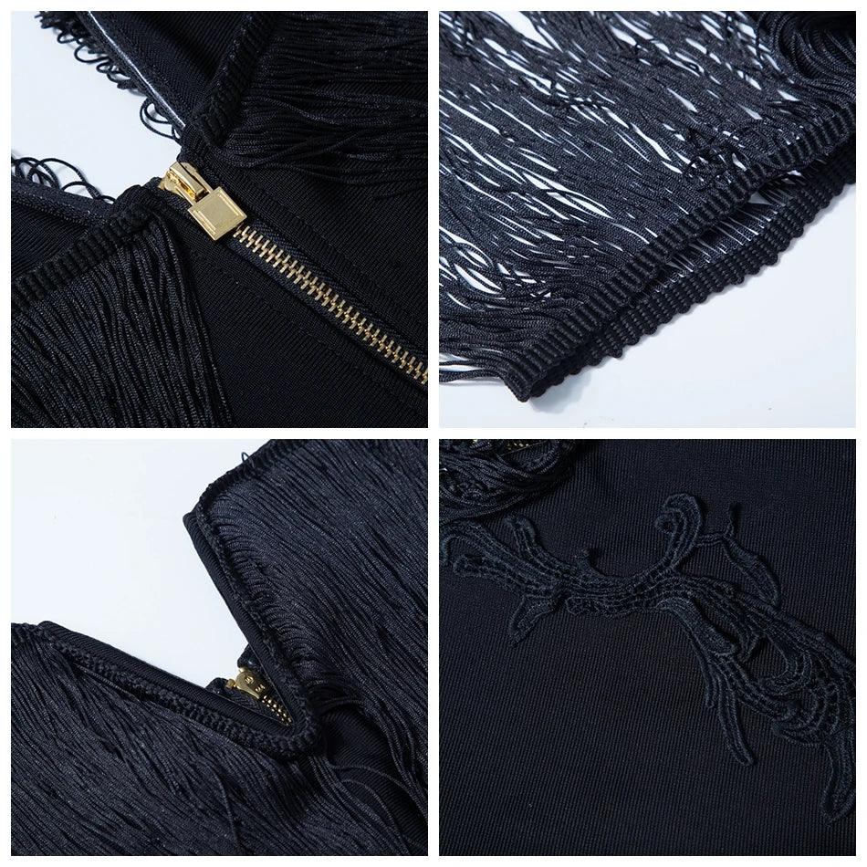 V-Neck Tiered Fringe Tassel Bodycon Mini Dress