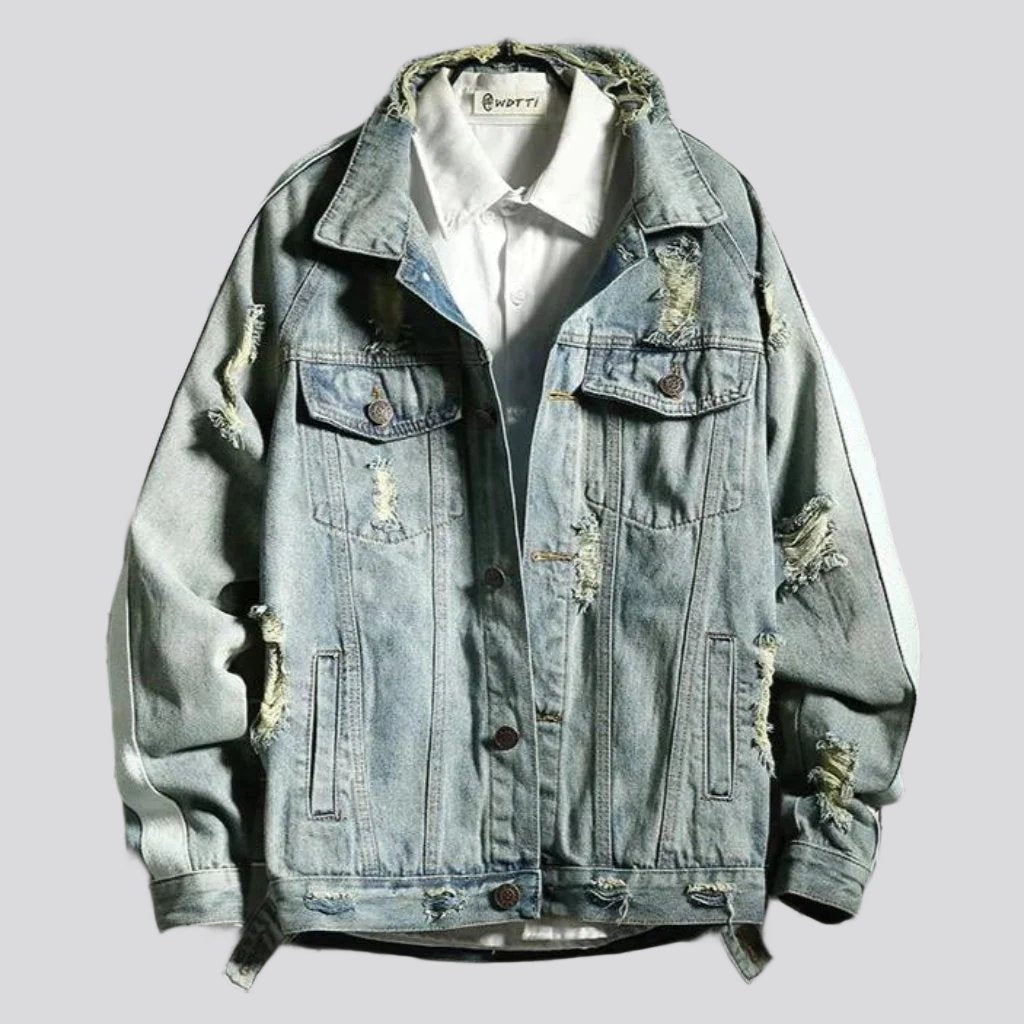 Light Blue Hand Painted Astronaut Graphic Distressed Denim Trucker Jacket 4