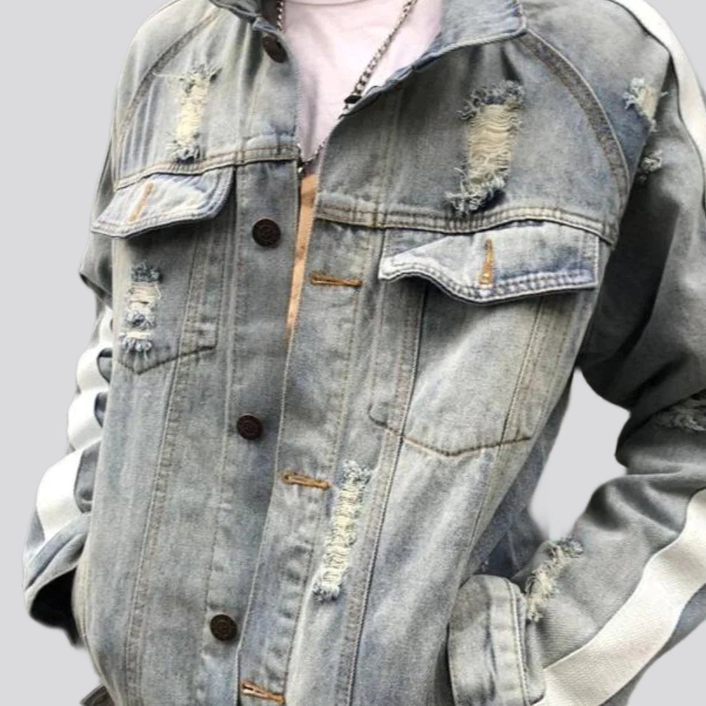 Light Blue Hand Painted Astronaut Graphic Distressed Denim Trucker Jacket 6