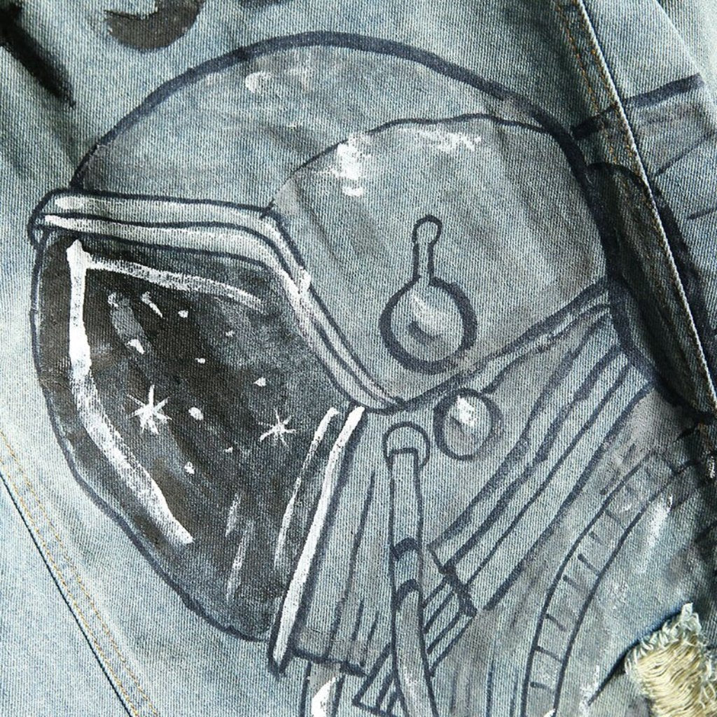 Light Blue Hand Painted Astronaut Graphic Distressed Denim Trucker Jacket 5