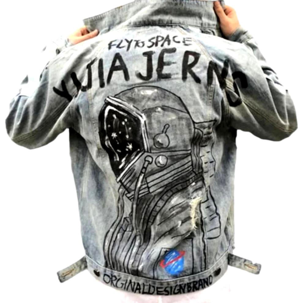 Light Blue Hand Painted Astronaut Graphic Distressed Denim Trucker Jacket 2