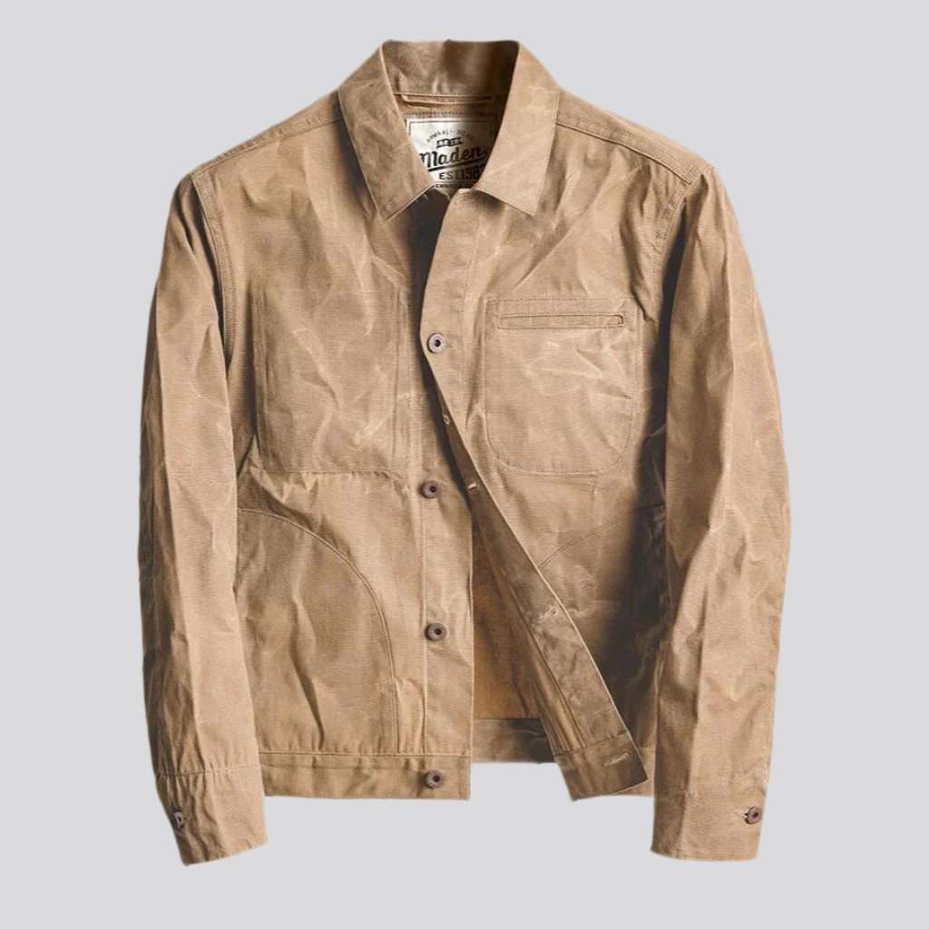 Sand Spread Collar Button Front Waxed Canvas Trucker Jacket 5