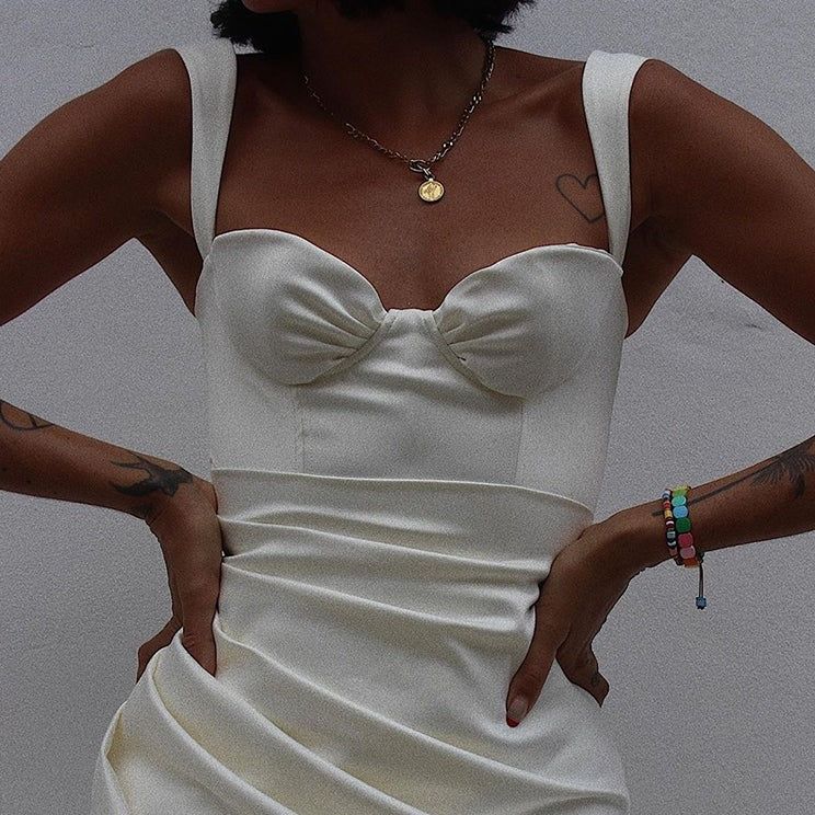 White Sweetheart Thick Strap Ruched Satin High Slit Bodycon Midi Dress