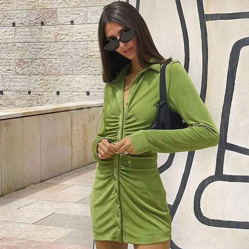 Collared Long Sleeve Button Front Ruched Bodycon Mini Dress 3