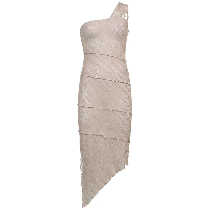 Khaki One Shoulder Pearl Trim Ribbed Knit Wavy Seam Bodycon Maxi Dress