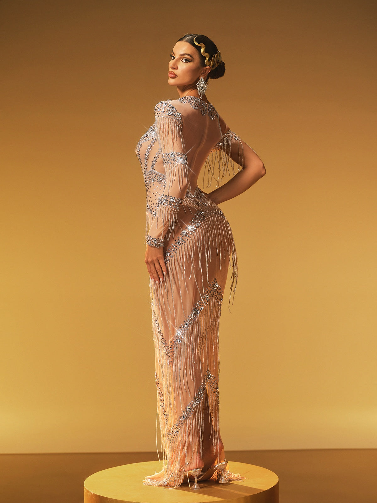 One Shoulder Fringe Crystal Maxi Dress