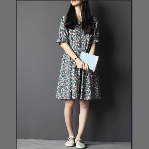 Half sleeve sundress cotton floral fit flares summer dress in Navy