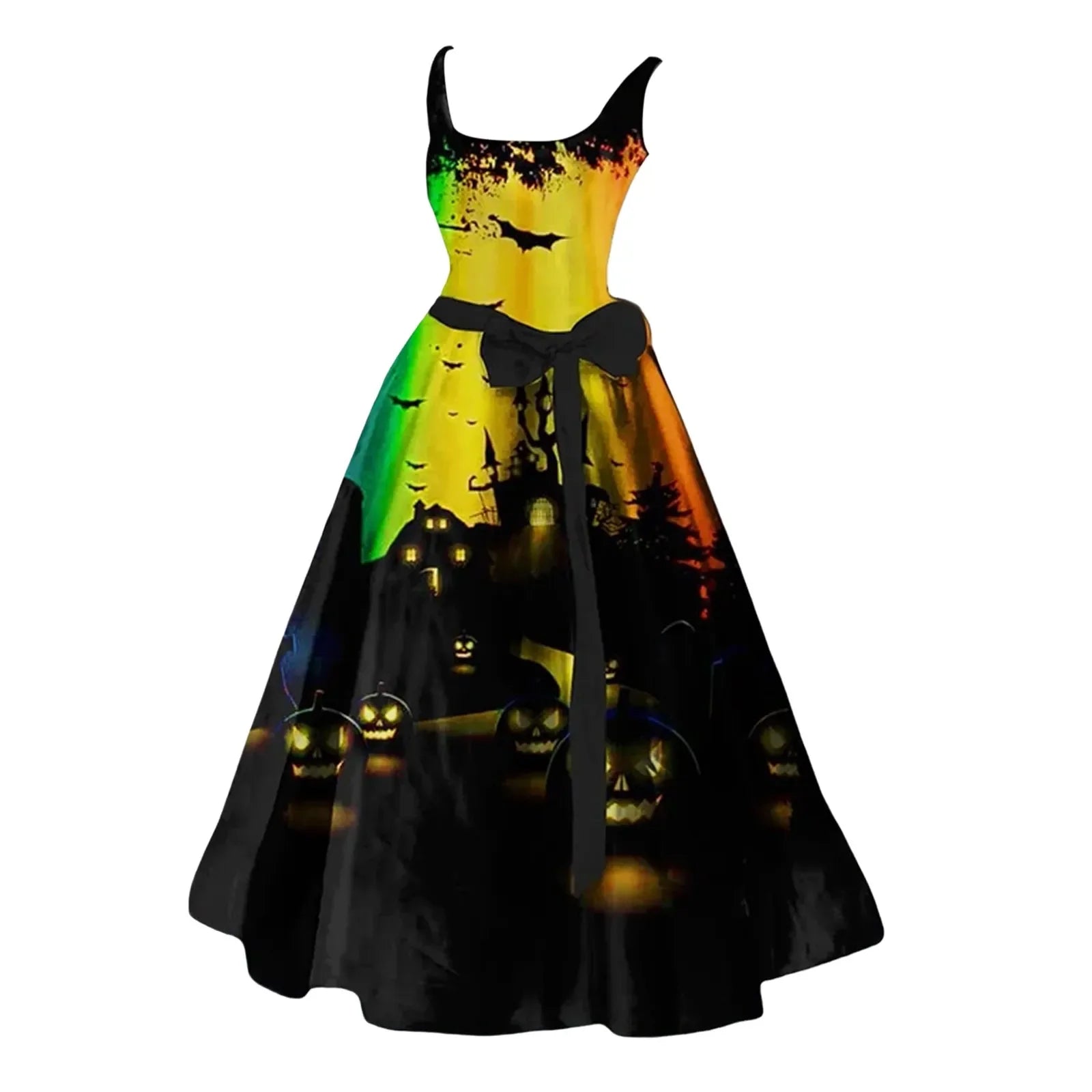 Funny Printed Sleeveless SlimFit Belted Halloween O Neck Streetwear Party Female Long Lady Skull Dress